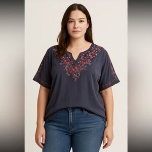 Misslook Embroidered Gray Short Sleeve Top V Neck Boho Blouse Size L